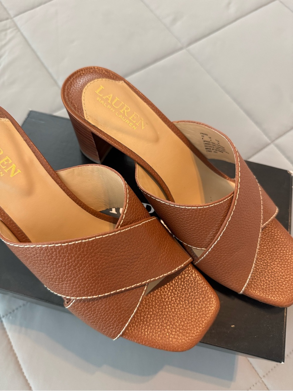 LAUREN Ralph Lauren Brown Leather Slip-On Heeled Sandals